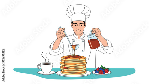 Professional chef carefully pouring golden syrup over a delicious tall stack of fresh pancakes served with berries and a cup of coffee.