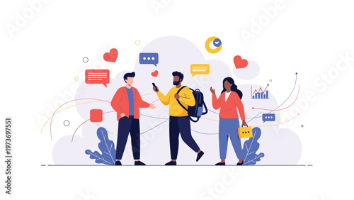 Diverse group of young people interacting and communicating through various social media icons, chat bubbles, and heart symbols in a digital world.