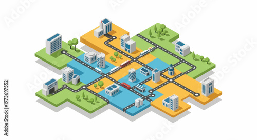 Isometric City Map with Roads and Buildings.