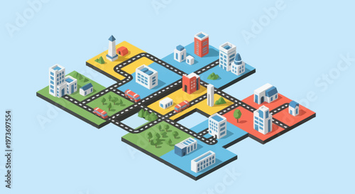 Isometric City Blocks Connected by Roads and Green Spaces.