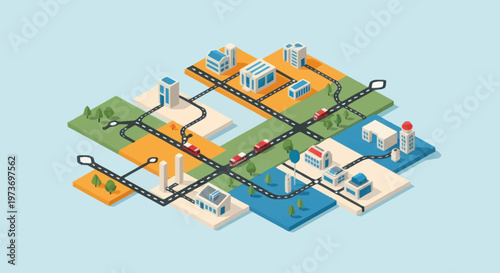 Isometric Cityscape with Roads and Buildings.
