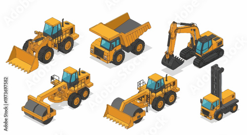 Collection of Yellow Construction Vehicles Isometric Illustration.