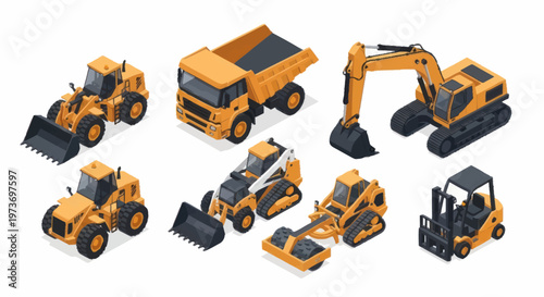 Collection of Yellow Construction Vehicles in Isometric View.