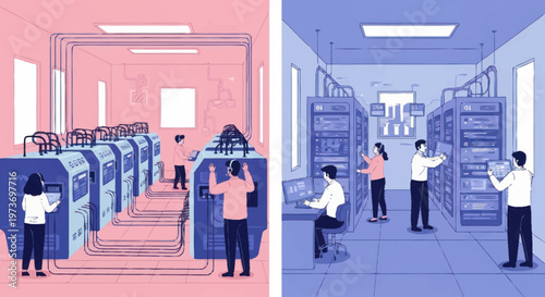 People working in modern data centers with servers and computers.