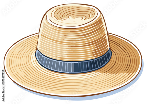 Straw hat illustration with a dark blue band and brim