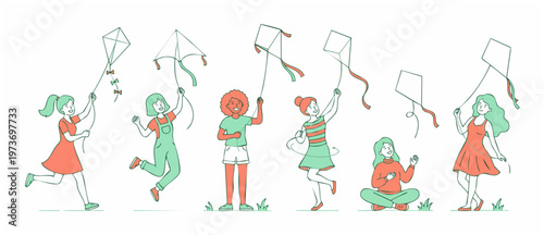 Group of happy girls flying kites in a park, diverse children playing with toys outdoors in flat line art style, summer activity leisure concept for kids design elements isolated on white background