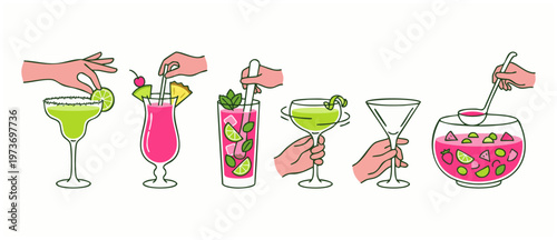 Cocktail making steps set, hands preparing various drinks, lime garnish, stirring mojito and fruit punch bowl illustration for bar menu, party concept and beverage recipes design in flat line style