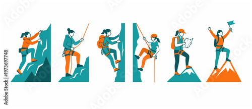 Rock Climbing Woman Set, Mountaineering Activities and Hiking Adventure Concept, Flat Vector Illustrations of Female Climbers Reaching Mountain Summit with Rope, Harness, Map and Goal Achievement Succ
