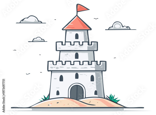 Cartoon illustration of a tall fortress with a red flag on a small sand island.