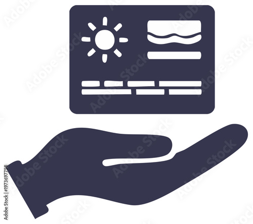 Hand offering hotel card icon, payment and service, sun, vacation, beach waves, room keys