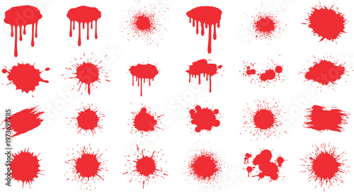 A collection of vibrant red blood splatter and drip shapes against a stark white background creating a dramatic effect