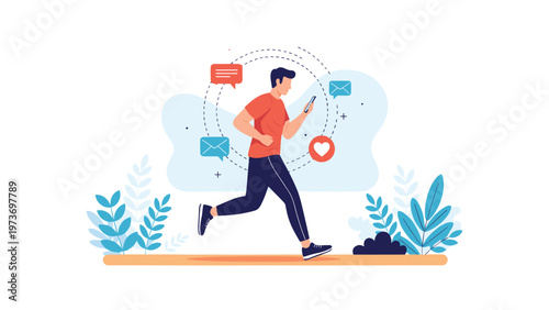 Modern lifestyle concept showing a man jogging while multitasking with his smartphone surrounded by various social media and heart icons.