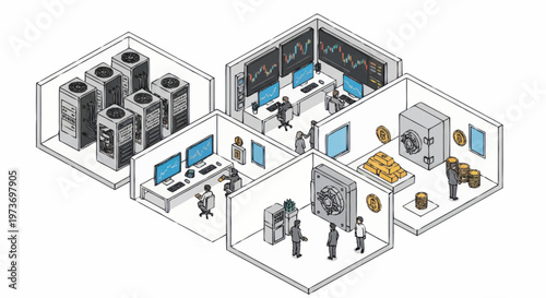 Isometric view of a secure financial institution with multiple rooms.