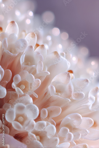 Flower composed of tiny cell clusters in extreme macro close up with transparent petal structures showcasing cellular health and biological structure concept