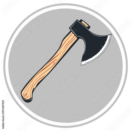 Vintage axe icon, emblem in a circle. Wooden handle, black blade on a grey background.