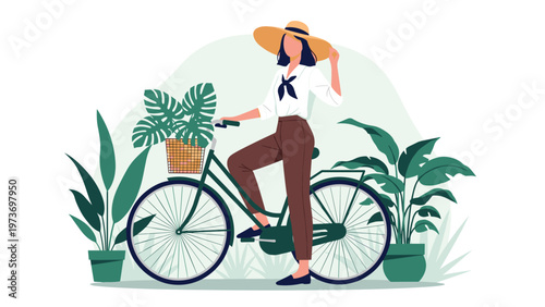 Stylish woman standing with a vintage bicycle featuring a basket full of monstera leaves in a lush plant-filled indoor setting.