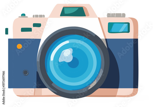 Stylized Retro Camera with Blue Lens and Pink Accents