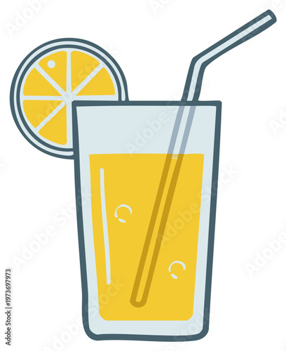 Fresh juice beverage with lemon slice and straw in tall glass