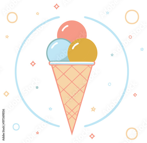 Colorful Ice Cream Cone with Round Frame and Geometric Accents Simple Sweet Treat