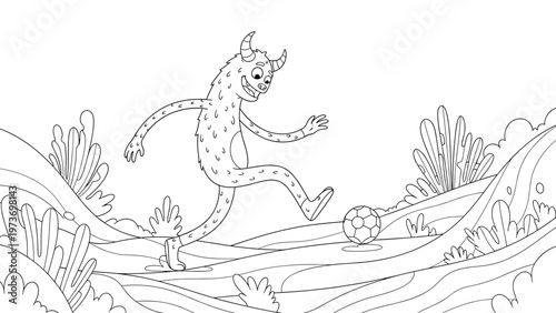 Playful line art illustration of a friendly monster playing soccer in a whimsical landscape for children to color and enjoy.
