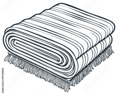 Folded Cozy Blanket With Fringe Detail Hand Drawn Illustration Warm Textile Comfort