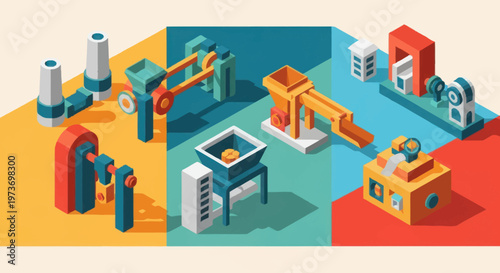 Isometric Industrial Automation Machinery and Equipment Set.