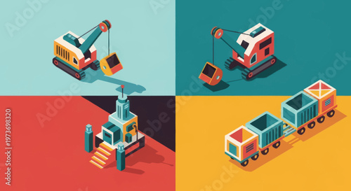 Isometric construction and transport vehicles illustration.