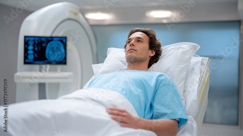 Patient lies on bed in medical facility during scan procedure