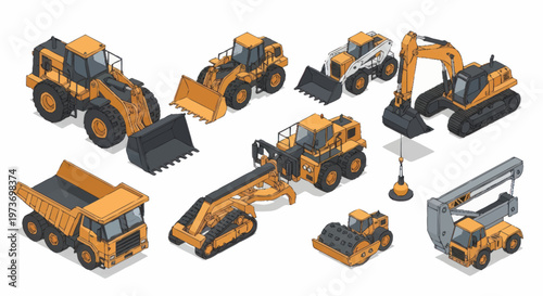 Collection of Isometric Construction Vehicles and Equipment.