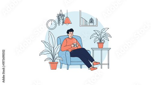 Man relaxing in a blue armchair with a hot cup of coffee in a cozy minimalist living room with potted plants and simple decor.