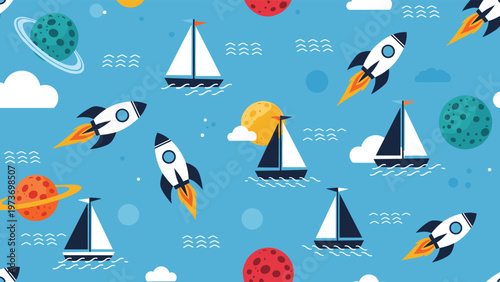 Whimsical seamless pattern for children featuring rocket ships, sailboats, planets, and waves on a bright blue sky background.