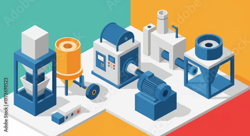 Isometric Industrial Manufacturing Plant Equipment Set.