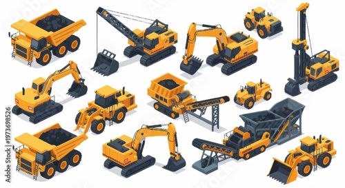 Collection of Yellow Construction Vehicles and Heavy Machinery.