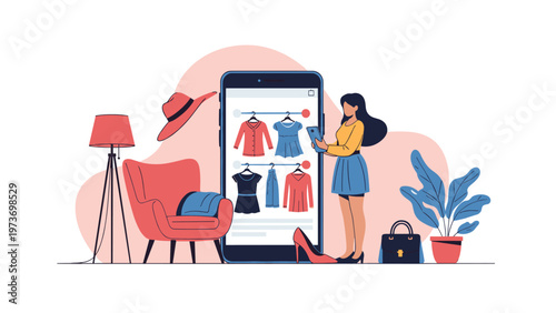 Woman using her smartphone to browse an online clothing store displayed on a large screen in a stylish and modern living room.