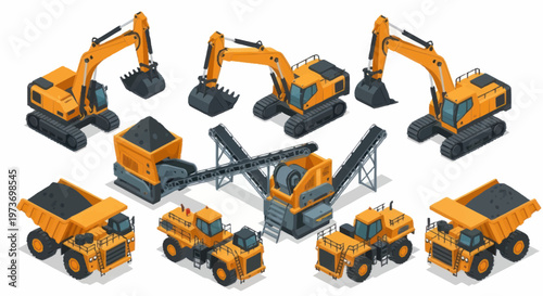 Collection of Isometric Construction and Mining Heavy Machinery Vehicles.
