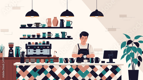 Barista preparing coffee behind a counter in a modern cafe with shelves of cups, coffee machines, and indoor plants for decoration.