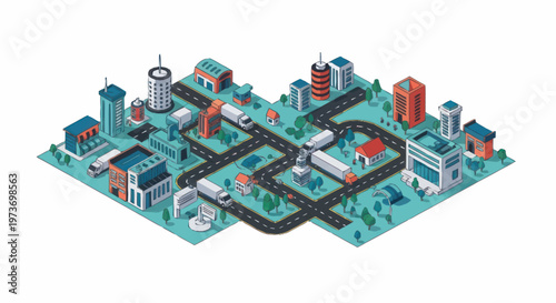 Isometric Cityscape with Roads and Buildings.