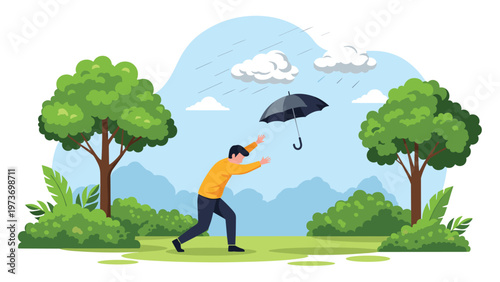 Man trying to catch his umbrella blown away by strong wind during rain in green park or forest area in autumn.