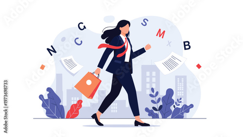 Businesswoman walking confidently with shopping bag and documents flying in background against city skyline silhouette.