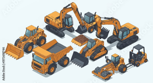 Collection of Yellow Construction Heavy Machinery Vehicles.