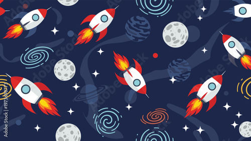 Space seamless pattern with rockets, planets, stars, and galaxies on dark blue background for kids bedroom decor.