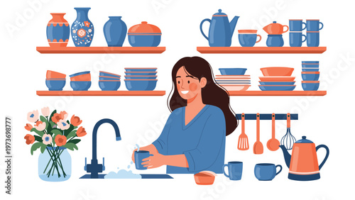 Happy woman washing coffee mug in kitchen sink surrounded by shelves full of blue and orange ceramic tableware.