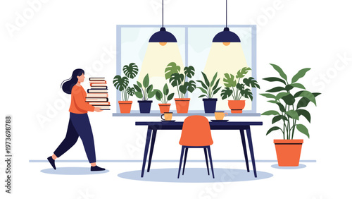 Woman carrying stack of books towards dining table with indoor plants and hanging lamps in modern home interior.