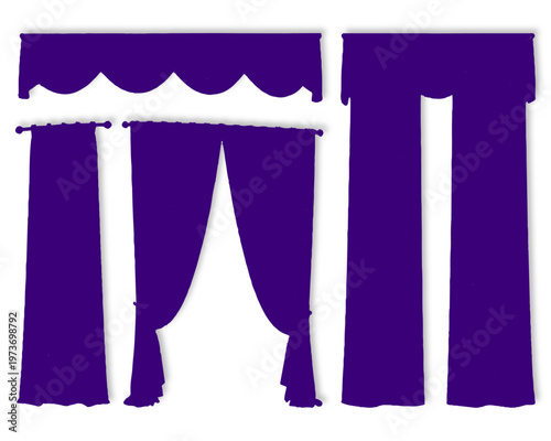 Set of color window curtain in various styles and designs for interior design projects and digital graphic asset creation Drapery Valance or Stage Decoration.