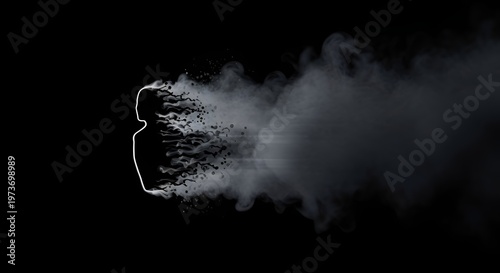 Silhouette of a person dissolving into smoke and particles against a black background