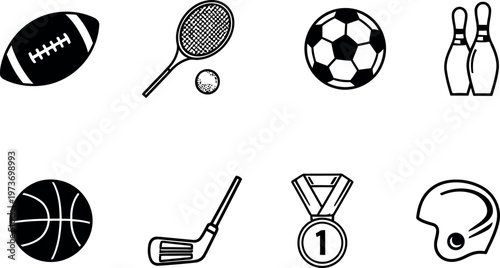 A collection of sports equipment icons representing diverse athletic pursuits and competitive games