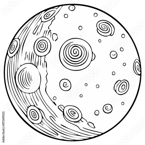 Stylized ink drawing of a planet with craters and swirling surface details