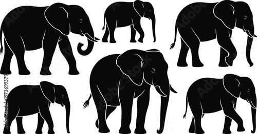 Black elephant silhouettes set with walking standing and trunk up poses, African safari wildlife collection, cad drawing flat vector illustration, nature animals
