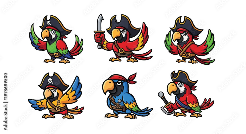 Fototapeta premium Cartoon parrot pirate characters set illustration