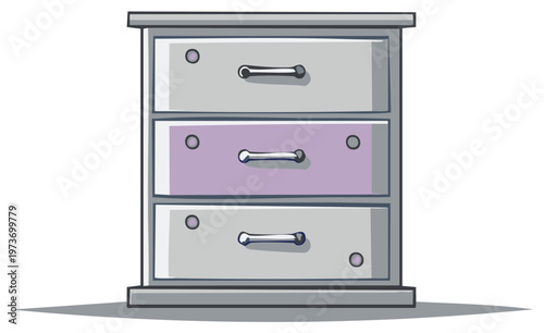 Cartoon chest of drawers with metal handles and purple accent drawer, storage illustration